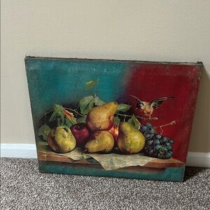 Vibrant Fruit and Bird Still-life Canvas Art. Old world look on burlap.